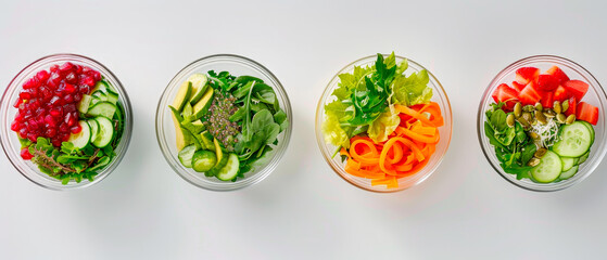 Four bowls of fresh salad with different vegetables in them, healthy food concept