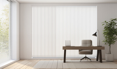 3d rendering, Modern office interior with white wall, grey wooden floor and black desk in front of window with vertical blinds