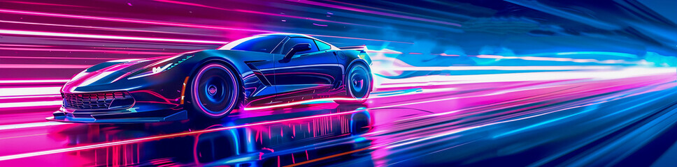 Un coche futurista en movimiento, con luces de neón y estelas de luz creando líneas dinámicas alrededor del vehículo. El fondo es un degradado vibrante de azul a rosa, añadiendo energía y emoción a la