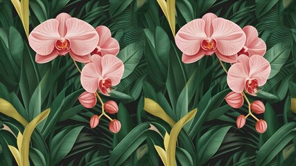 Luxury Orchid wallpaper design vector. Tropical pattern design,Blossom floral, Blooming realistic isolated flowers. Hand drawn.