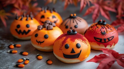 Spooky Halloween donuts with cute and scary decorations on a festive autumn backdrop