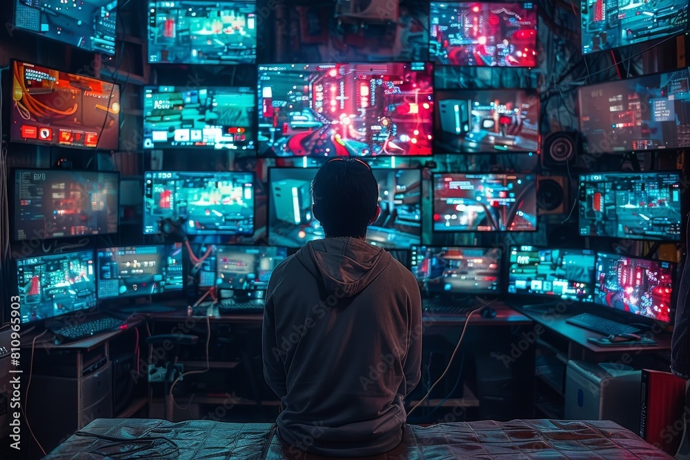 Poster a person sits in front of multiple monitors displaying various data, engrossed by the high-tech surv