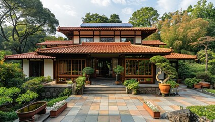 Naklejka premium Display the elegance of solar tiles amidst a backdrop of thriving greenery.