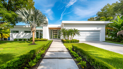 Naklejka premium 3d rendering of modern cozy house with pool and parking for sale or rent in luxurious style by the sea or ocean. Sunny day by the azure coast with palm trees and flowers in tropical island 