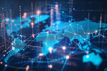 Abstract world map with digital connections highlighting global financial exchange investment and economic growth