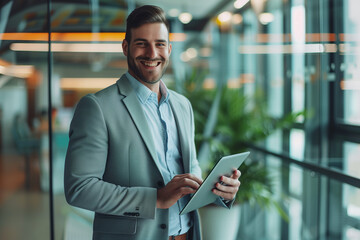 Fototapeta premium A young businessman, enchanted by the possibilities offered by digital technology, holds a tablet in his hand, full of optimism and ready for the challenges of the day.