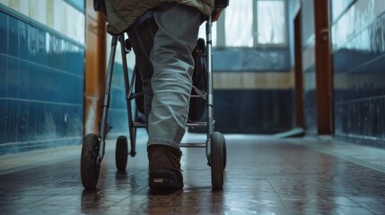 close-up of a person using a walker to move around