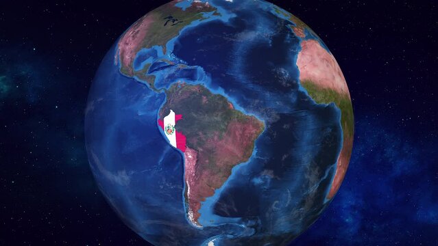 Realistic 3D Animation of Earth zooming in to  Peru with its border highlighted with its National Flag in 4K