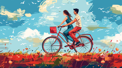 People Couple in love riding bicycle Vector style 