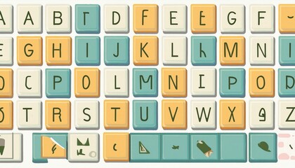 neatly arranged set of Scrabble tiles spelling out the entire English alphabet in uppercase letters, meticulously arranged on a wooden surface background