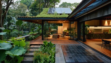 Obraz premium Showcase the modernity of solar tiles against a backdrop of lush greenery.