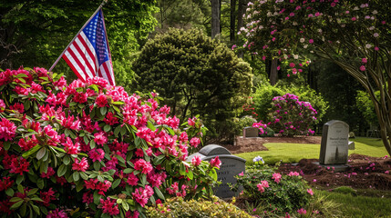 Obraz premium Blooming azaleas frame a Memorial Day flag at a veteran's grave in an ornate garden.