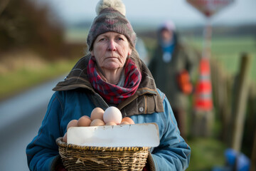 Elderly woman selling organic eggs on country road