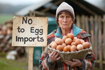 Senior woman protesting against egg imports at farm entrance