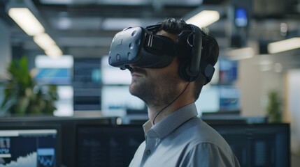 Man experiencing virtual reality in modern office setting