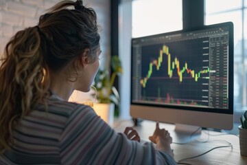 Woman analyzing stock market trends on computer at home office