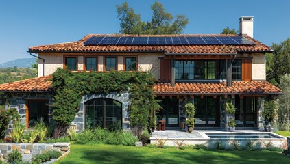 Naklejka premium Showcase the sophistication of solar tiles against a backdrop of thriving greenery.
