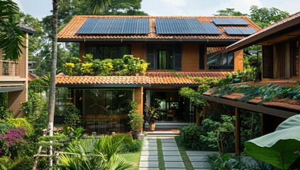 Obraz premium Showcase the sophistication of solar tiles against a backdrop of greenery.