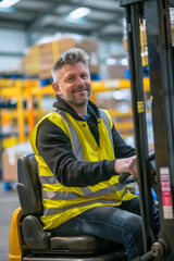 Smiling man driving forklift in a logistics warehouse
