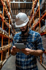 Warehouse manager using tablet for inventory management