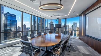 Modern boardroom with oval table and skyline view in daylight