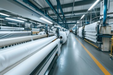 Bright modern textile factory with automated looms and textile rolls