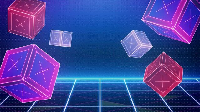 Retro 80s-90s Sci-Fi background futuristic grid landscape neon. Digital Cyber Surface. Suitable for design in the style of the 1980`s. 3D illustration