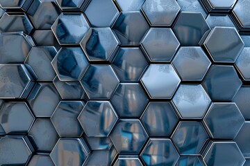 Seamless pattern of reflective chrome hexagons close-up