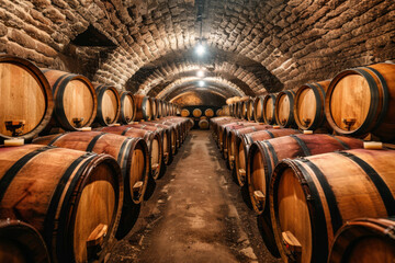 Traditional wine cellar with rows of oak barrels for aging process