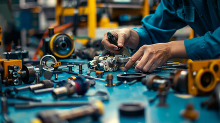 Worker assembling mechanical parts in workshop
