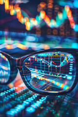 Conceptual transparent lens glasses showing vibrant stock graphs