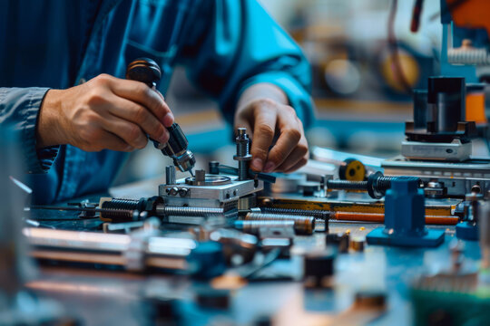 Detailed view of a mechanical assembly process on a worktable