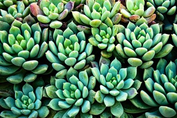 A bunch of green plants cacti with small leaves. The plants are arranged in a way that they look...
