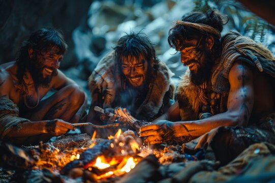 A primal scene of early humans sharing a meal by the fire, invoking a sense of raw survival