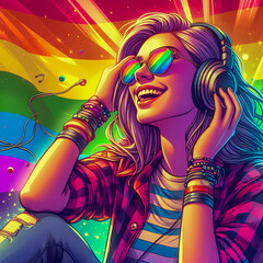 Digital art vibrant colorful pride theme young woman with headphones vibin to music