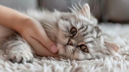 A gray cat is lying on a white carpet and a person's hand is petting it. - Powered by Adobe