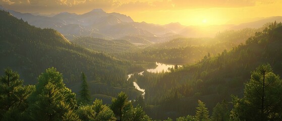 A sunrise scene over a tranquil mountain valley