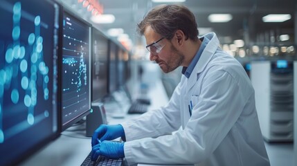 Scientist wearing a lab coat and safety glasses works in a modern laboratory.