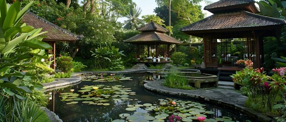A traditional Balinese spa garden open-air pavilions