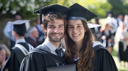 Photo of a male and female graduate dressed in their graduation gowns and caps