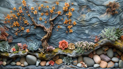 Amazing and beautiful handmade mosaic of a tree with flowers and succulents.
