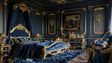 Blue bedroom designed in Baroque style with gold details and antique furnishings.