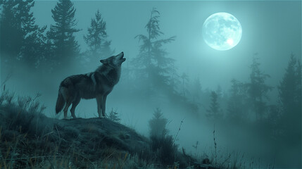 Wolf howling in a forest background on a foggy night under a full moon