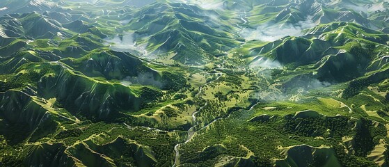 An aerial shot of a series of interconnected mountains