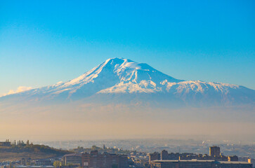 snow covered Greater Ararat peak scenic view from Sebastia-Malatia district in Yerevan, Armenia