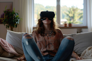 Obraz premium A woman wearing VR glasses sitting on the sofa in her living room immersed in interactive media