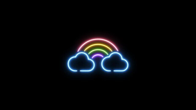 Neon sign in rainbow shape motion graphic with alpha channel. Blue cloud and pink, yellow, green, purple rainbow neon light turn on and turn off isolated icon animated on transparent background.