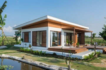 Modern house with floor to ceiling windows. Large wraparound wood deck leads to pool and patio. Minimalist house exterior design idea.