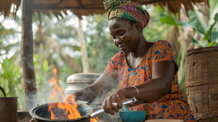 Woman cooking on open fire in traditional setting