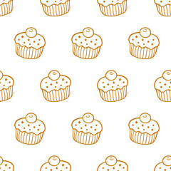 Pastry, sweet bakery seamless pattern cupcakes.